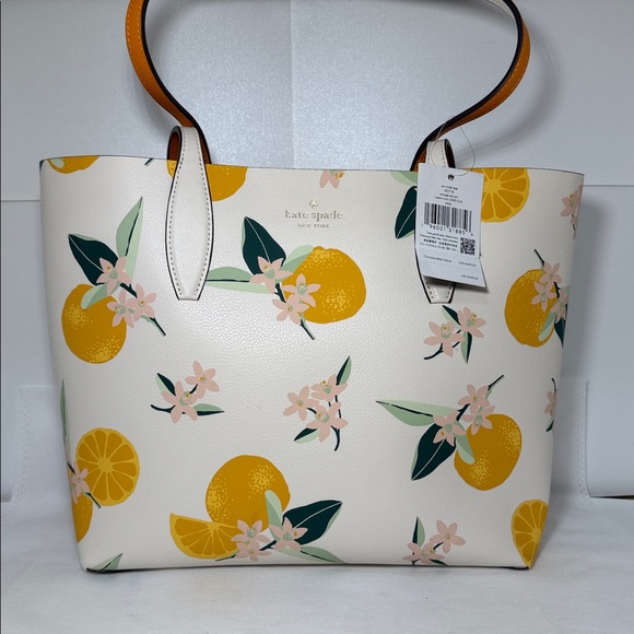 SOLD-Kate Spade Orange Blossom Citrus Print Tote Bag Orange Interior NWT - Picture 4 of 16